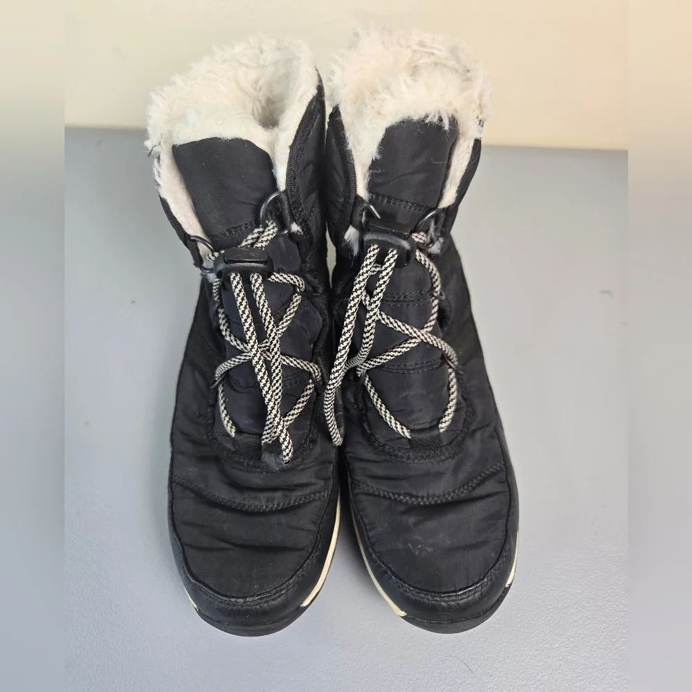 Sorel Boots Womens Size 7 Whitney Black Fur Trim Winter Shoe Insulated Bungee